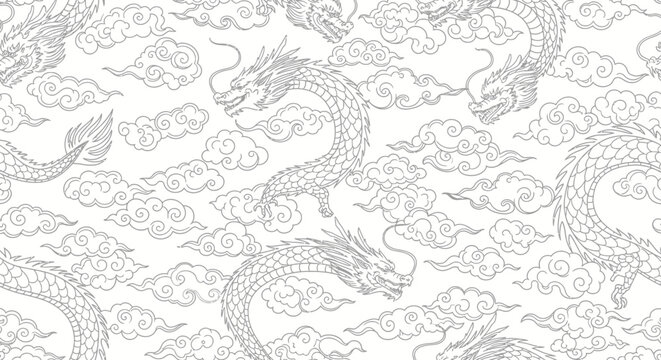 Traditional Chinese dragon and cloud seamless pattern in line art, isolated white background.