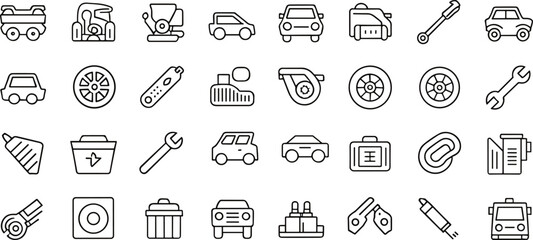 Naklejka premium Automotive car service and repair icons set, vehicle maintenance parts tools line vector illustration for transportation workshop concepts design graphics