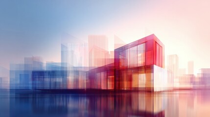 Abstract modern cityscape with translucent red and blue glass buildings reflected in calm water, futuristic urban design concept for contemporary architecture themes