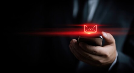 Businessman in suit holding smartphone with glowing red envelope notification, digital communication and alert concept for professional messaging