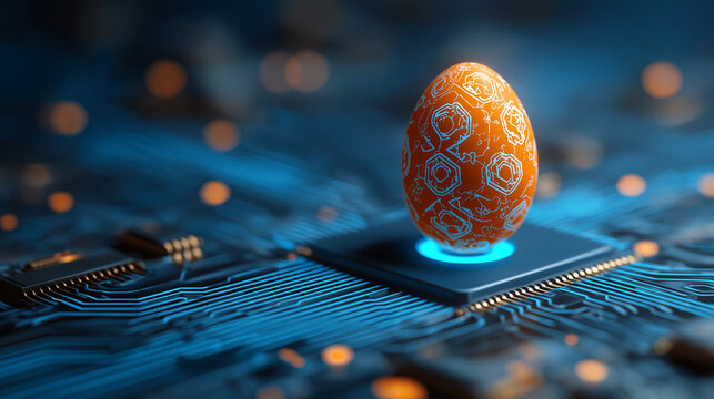 Easter orange  egg sits on a glowing blue computer circuit board, blending holiday symbolism with futuristic technology, digital art, and innovation.