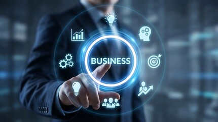 Business professional touching AI digital interface with global network icons and innovation concepts in futuristic blue lighting