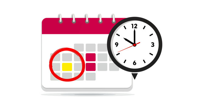 Calendar with a highlighted date and a clock showing time for scheduling.