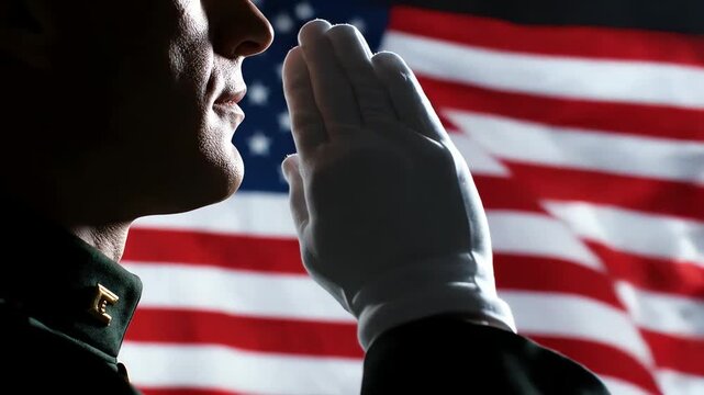 Silhouette of military officer in front of American flag taking oath