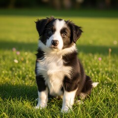 Fototapeta premium Adorable Border Collie Puppy Sitting in Green Grass Field.