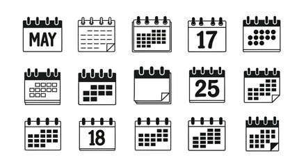 Set of sixteen black and white calendar icons with various date markings and layouts.