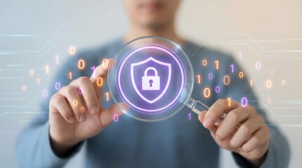 Hands holding digital security shield with padlock icon in futuristic cyber data environment for protection concept
