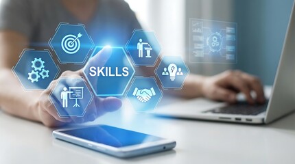 Professional hand typing on laptop with digital skills hologram icons for business growth and technology training