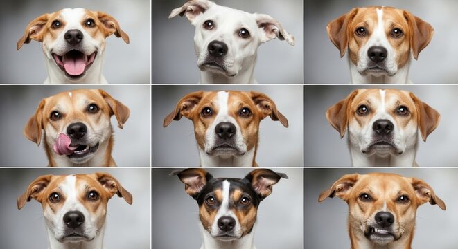 A collection of dog portraits showcasing various expressions and moods.