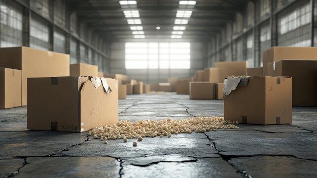 Scattered cardboard boxes with torn edges and spilled contents on the cracked concrete floor of a large industrial warehouse with natural light