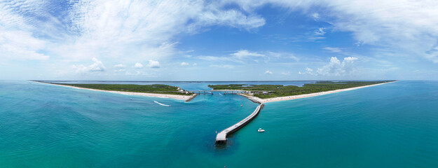Fototapeta premium Panoramic of Sebastian Inlet State Park and fishing pier in Melbourne Beach in Brevard County, Florida. 