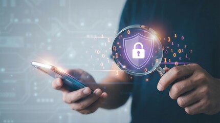 Hand holding smartphone with digital security shield hologram over global network and cybersecurity icons in futuristic tech environment