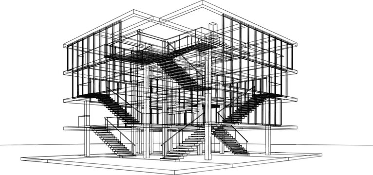 Complex multi-story architectural structural wireframe vector showing internal stairs and frame details for a modern commercial building or residential apartment complex