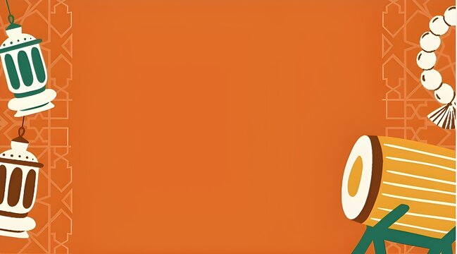 Festive Ramadan background with orange gradient, Islamic lantern decorations, prayer beads, and traditional bedug drum. Perfect for banners, social media, posters, and Islamic event designs