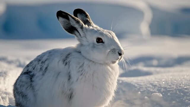 A white arctic hare with dark-tipped ears sits in a snowy landscape bathed in bright sunlight