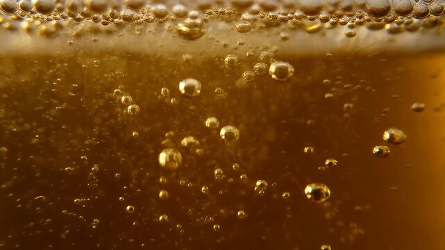 Captivating close-up of a golden liquid with countless effervescent bubbles rising, showcasing a lively and refreshing texture perfect for beverage-related themes