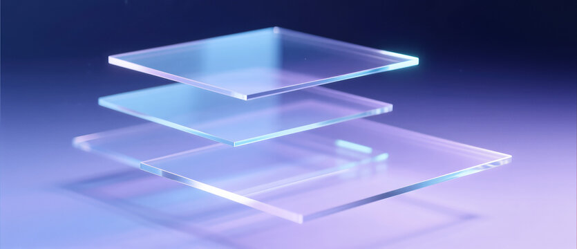 floating glass panels stack with cyan and magenta light