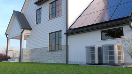 Modern American Home with Solar Panels and Heat Pump System, 3d illustration