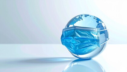 Hyper-realistic 3D render of a transparent crystal earth globe wearing a blue medical mask. Symbol of global health, pandemic protection, and safety.