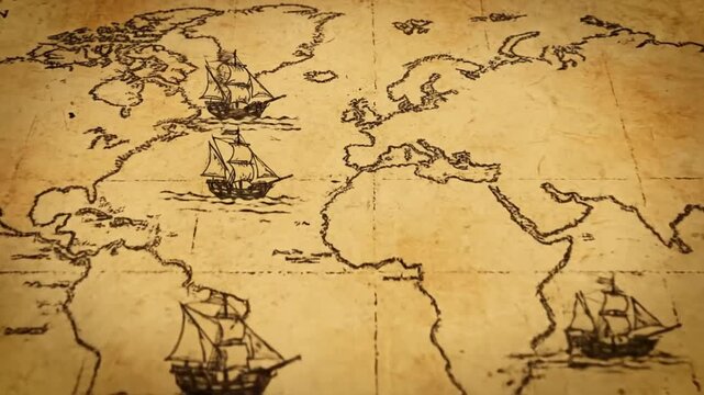 Vintage World Map with Sailing Ships and Compass Rose Illustrations.
