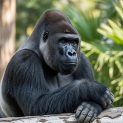 A contemplative gorilla rests, showcasing its strength and intelligence.