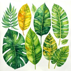 Vibrant tropical leaves arranged on a white background