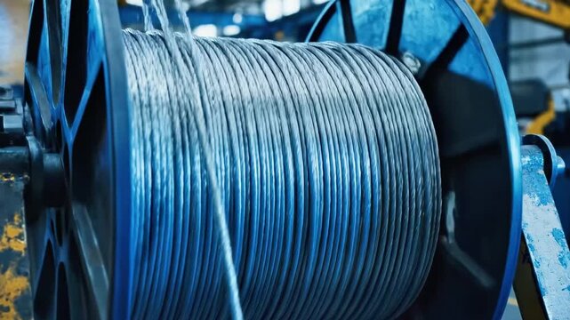 Large spool of metal wire on a metal stand in an industrial setting