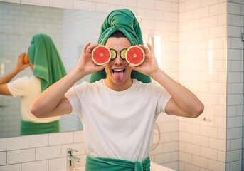 Funny man with grapefruit slices over eyes in bathroom
