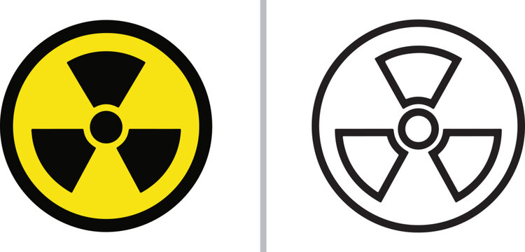 Vector radiation hazard symbols. Features the classic trefoil design in two styles: a high-visibility yellow and black warning circle, and a clean minimalist black outline.