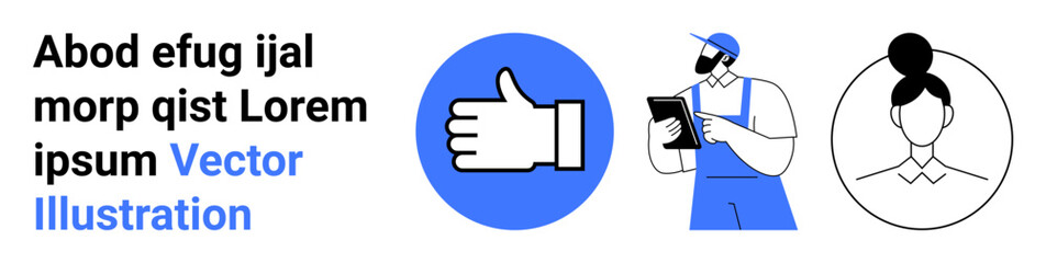 Obraz premium Social media, customer interaction, teamwork, digital feedback, remote communication, business services. Thumbs-up icon, worker with tablet user avatar. Social media and customer interaction concept