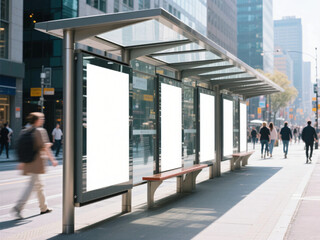 Outdoor Billboard Poster Mockup at Bus Station with City Crowd