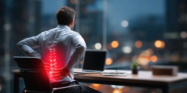 Businessman sitting at office desk late at night suffering from acute lower back pain