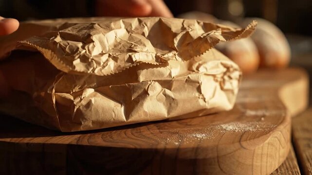 Brown paper package rests on a wood board with light flour dusting on its surface. Gentle, warm natural light