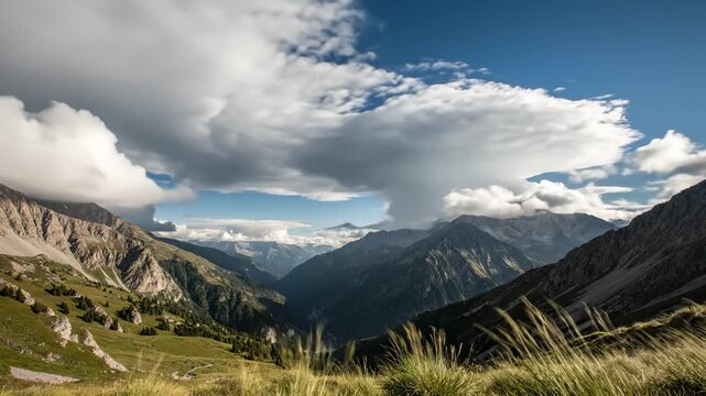 Alpine Valley Landscape With Rolling Clouds Over the Peaks