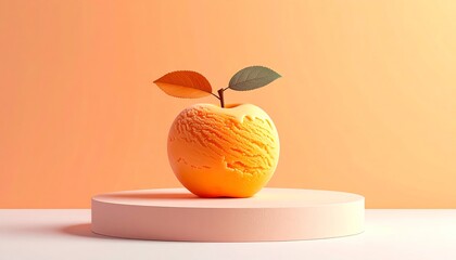 Surreal orange apple dessert fusion on pastel pedestal, creative 3d minimal food concept with smooth gradients and playful, modern aesthetic.