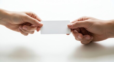 Hands exchanging blank card on white surface