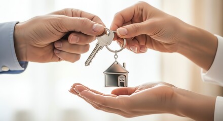 Hands exchanging keys house ownership concept
