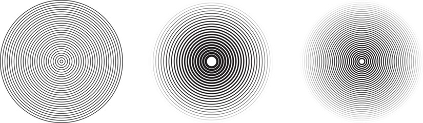 Set of radar icons, sonar waves, concentric radial signal circles, echo sounder symbols. Vector black and white illustration on a transparent background