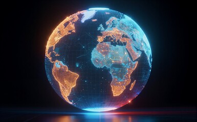 Digital globe glowing blue and orange, futuristic network connections across continents.