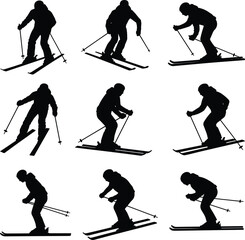 Silhouette sequence of alpine skier showing downhill skiing techniques, motion progression, winter sports action poses isolated on white background for training and design use