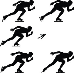 Speed skating athlete silhouettes in dynamic racing poses showing winter sports motion, ice skating action, training technique, competition energy isolated on white background