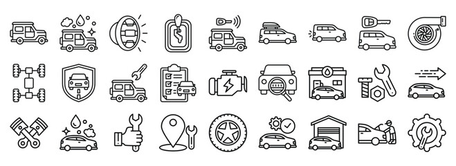 Automotive icon collection. Containing design Car Steering Wheel Speedometer, Traffic Light, Tire, Car Wash	
