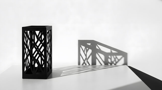 A minimalist black metal lantern featuring intricate geometric patterns casts complex shadows across a stark white wall and surface, symbolizing Eid and Islamic art.