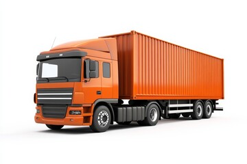 Modern freight truck with orange container on white background displaying transport and logistics features
