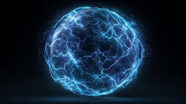 Glowing blue electric sphere with intricate network of lightning bolts.