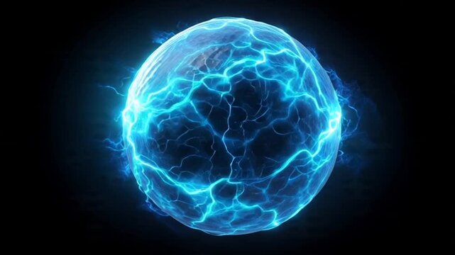 Glowing blue energy sphere with electric lightning on black background.