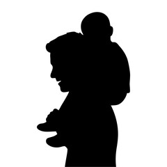 silhouette of father carrying child on head with white background
