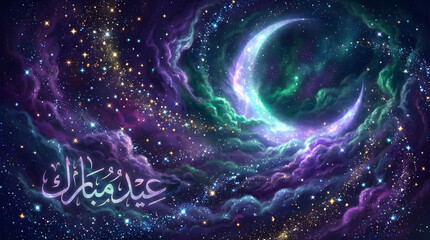 Obraz premium Vibrant galaxy background featuring a luminous crescent moon, glittering stars, and purple/green nebula clouds, overlaid with glowing Arabic calligraphy.
