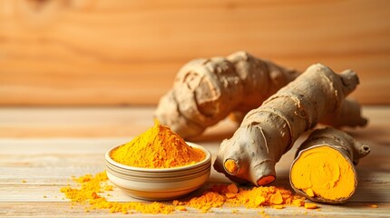 Turmeric root and powder in a bowl, a vibrant spice for cooking and health