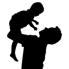 silhouette of father carrying child on head with white background
